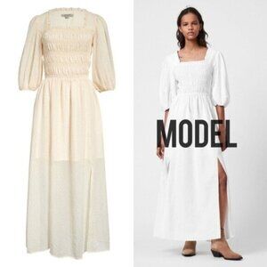 NWT All Saints Livi Tex Maxi Dress 6 Off White Ruched Puff Sleeve Smocked Slit
